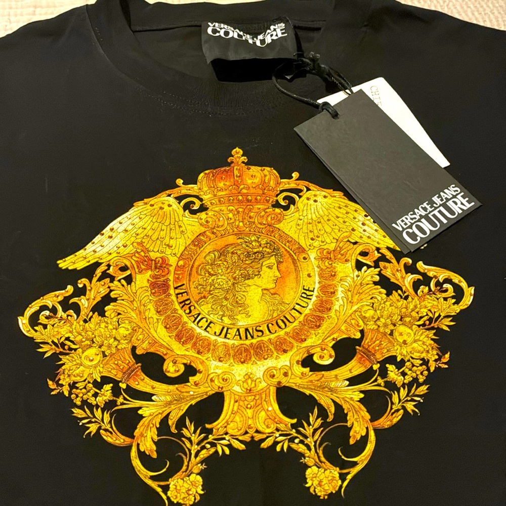 Versace jeans couture Black mini tshirt dress with gold and bling front logo